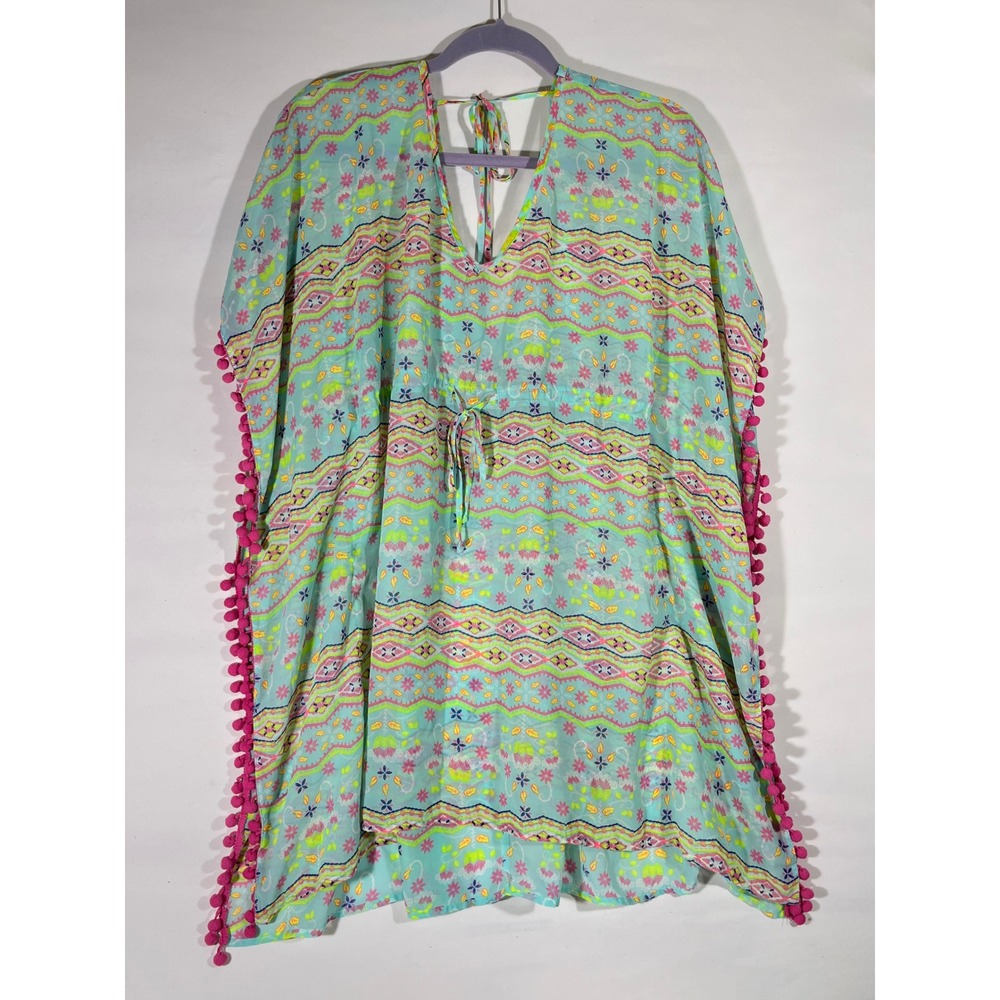 Arizona Jean Co Kaftan Swim Coverup Women S Turquoise Pink Pom Pom Trim Boho New